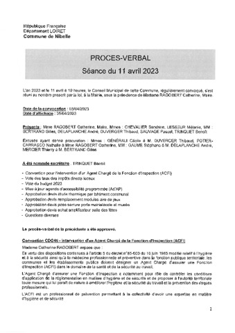 Procès verbal du Conseil municipal du 11 avril 2023