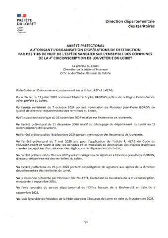 Arrêté préfectoral autorisant les tirs de nuit aux sangliers jusqu'au 15 novembre 2025