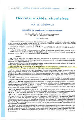 Extrait arrêté portant reconnaissance état de catastrophe naturelle (retrait/gonflement des argiles) pour la période 1/5/2022 - 1/10/2022
