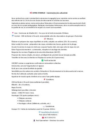 Offre d'emploi de cuisinier - cuisinière au Centre des Caillettes